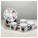 #30 (8pc) PLAYING CARD MOTIF PORCELAIN DEMITASSE CUPS & SAUCERS, SET OF FOUR | Set of four porcelain
