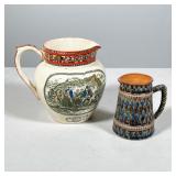 #33 PAIR OF VINTAGE PITCHERS: ENGLISH DICKENS TRANSFERWARE JUG & SMALL MOTTLED MUG | Pair of small v