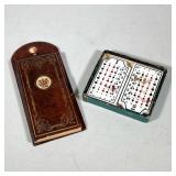 #34 VINTAGE AUCTION BRIDGE SCORE TABLET WITH TWO PORCELAIN PEG SCORE BOARDS | Hinged faux-burl table