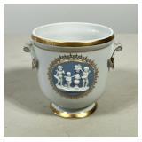 #59 WEDGWOOD-STYLE CHERUB MEDALLION PORCELAIN URN | White glazed porcelain urn with applied light-bl