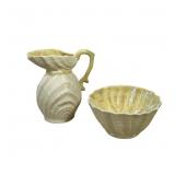 #63 (2pc) BELLEEK (IRELAND) PARIAN PORCELAIN SHELL-FORM CREAMER AND BOWL | Parian porcelain shell-fo