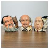 #70 (3pc) CHARACTER (TOBY) JUGS, MERLIN, SHAKESPEARE, HITCHCOCK | Group of three glazed Royal Doulto