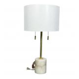 #77 MARBLE BASE TABLE LAMP WITH BRASS ROD AND WHITE DRUM SHADE | Cylindrical white marble block base