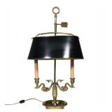 BRASS BOUILLOTTE LAMP WITH BLACK TOLE SHADE AND ARROW FINIAL | Brass bouillotte-style table lamp wit