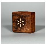CARVED WOOD TRINKET BOX WITH BONE INLAY STAR | Square carved wooden trinket box with a hinged lid fe