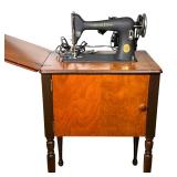 (2pc) SINGER ELECTRIC SEWING MACHINE IN VINTAGE WOOD CABINET | Vintage Singer electric sewing machin
