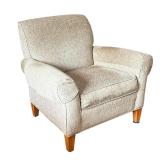 ETHAN ALLEN UPHOLSTERED ARMCHAIR, BEIGE WOVEN FABRIC, TAPERED WOOD LEGS | Upholstered club-style arm