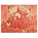 THAI TEMPLE RUBBING, RAMAKIEN CHARIOT BATTLE SCENE | Red-ink rubbing on fibrous paper depicting a Th