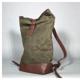BANANA REPUBLIC WAXED CANVAS BACKPACK WITH LEATHER TRIM | Olive-green waxed canvas roll-top backpack