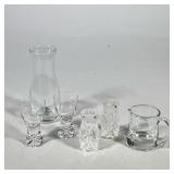 (6pc) ASSORTED GLASS TABLEWARE: ETCHED CARAFE, 2 CORDIALS, CREAMER, & PAIR CUT-GLASS SHAKERS | Group