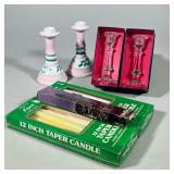 (7pc) Candle Stick Holders And Tapers | Pair of pink-glazed ceramic candlesticks decorated with hand