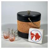 (6pc) Vintage Cork Ice Bucket, Shot Glasses And Coasters | Cylindrical vintage ice bucket with a bla