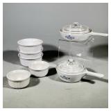 (7pc) CORNINGWARE CORNFLOWER BLUE SKILLETS WITH GLASS LIDS AND ASSORTED RAMEKINS | Lot includes two 