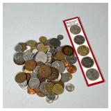 MIXED LOT OF FOREIGN COINS AND CURRENCY INCLUDING BRITISH PRE-DECIMAL PENNIES AND ISRAEL SOUVENIR SE