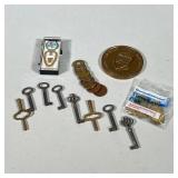 ASSORTED LOT OF VINTAGE SKELETON AND TUBULAR WINDING KEYS, TOKENS, JOHNS HOPKINS MEDALLION & BOOKMAR