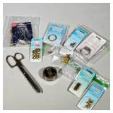 ASSORTED LOT OF JEWELRY FINDINGS, LAPEL PINS, METAL SCISSORS AND STRINGING WIRE