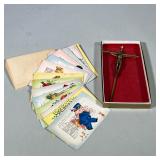 (2pc) VINTAGE GREETING CARD LOT WITH METAL WALL CRUCIFIX