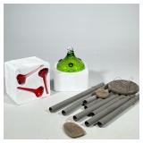 (2pc) HAND-BLOWN GREEN GLASS HUMMINGBIRD FEEDER WITH THREE RED GLASS FLOWER STAKES AND WIND CHIMES