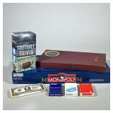 (7pc) ASSORTED LOT: MONOPOLY DELUXE ANNIVERSARY EDITION, SCRABBLE, FOOTBALL TRIVIA & PLAYING CARDS