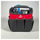 HUSKY RED AND BLACK OPEN-TOP TOOL CADDY WITH ASSORTED NAILS AND HAND TOOLS