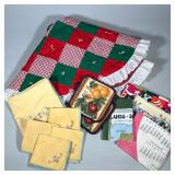 (8pc) VINTAGE PATCHWORK QUILTED CHRISTMAS TREE SKIRT WITH EYELET TRIM AND VINTAGE KITCHEN LINENS