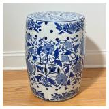 LILLIAN AUGUST BLUE AND WHITE PORCELAIN GARDEN SEAT | Barrel-form glazed porcelain garden seat with 