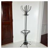 CRATE & BARREL BLACK METAL COAT RACK WITH UMBRELLA DRIP TRAY | Freestanding black metal coat rack wi