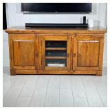 CRATE & BARREL SOLID WOOD MEDIA CONSOLE WITH GLASS CENTER DOOR | Three-door solid wood media console