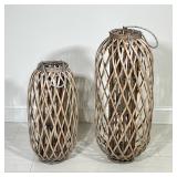 (2pc) PAIR OF WICKER RATTAN OVERSIZED LANTERNS WITH GLASS HURRICANES | Pair of oversized wicker/ratt