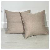 PAIR BEIGE LINEN-LIKE THROW PILLOWS WITH WHITE PIPING | Pair of square beige, linen-like fabric thro