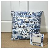 DECORATIVE TEXT-PRINT THROW PILLOW WITH MATCHING LUCITE LOVE BLOCK | Square throw pillow, covered in