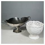 (2pc) WHITE RETICULATED PAUL SEBASTIAN BOWL & SILVER-TONED HAMMERED SERVING BOWL WITH SERPENT HANDLE