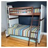 CONTEMPORARY TWIN-OVER-FULL BUNK BED WITH LADDER, WHITE PANELS AND STAINED WOOD RAILS | Contemporary