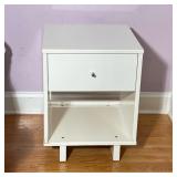 WHITE CUBE NIGHTSTAND WITH DRAWER AND OPEN CUBBY | White painted or laminate-finished manufactured-w