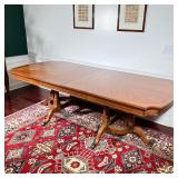 FORTUNOFF EXTENSION DINING TABLE WITH SUNBURST VENEER DOUBLE PEDESTAL | Rectangular extension dining