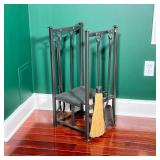 WROUGHT IRON FIREPLACE TOOL SET WITH LOG RACK AND FOUR TOOLS | Wrought-iron square four-post log rac