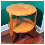 TWO-TIER ROUND WOOD SIDE TABLE | Two-tier circular wooden side table with two round shelves supporte