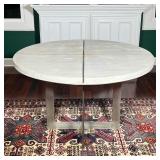 MODERN ROUND WHITEWASH WOOD TOP DINING TABLE WITH BRUSHED STAINLESS STEEL BASE | Round whitewashed w