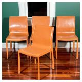 (4pc) MODERN TERRA COTTA LEATHER DINING CHAIRS | Set of four modern terra cotta leather dining chair