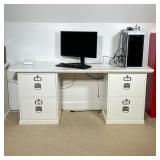 POTTERY BARN WHITE CAMPAIGN-STYLE DOUBLE PEDESTAL DESK | White painted double-pedestal desk with a r