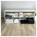 PAIR OF WHITE TWO-SHELF LOW-PROFILE BOOKSHELVES | This pair of white bookshelves features a low-prof