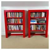 PAIR OF RED PAINTED WOOD BOOKSHELVES | Pair of red painted wood bookshelves, each configured with th