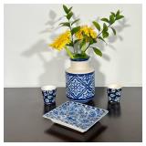 (4pc) FABIENNE JOUVIN (PARIS) BLUE AND WHITE PORCELAIN VASE, SQUARE DISH & TWO CUPS | Group of blue-
