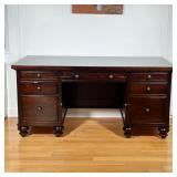 RESTORATION HARDWARE DOUBLE PEDESTAL BUREAU PLAT DESK | Double-pedestal bureau plat desk in a dark b