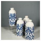 (4pc) ASHLAND BLUE AND WHITE CERAMIC VASES | Set of four white glazed ceramic bottle vases decorated
