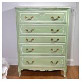 FRENCH PROVINCIAL-STYLE SAGE GREEN PAINTED FIVE-DRAWER DRESSER | Painted wood five-drawer tall chest