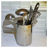 ALL-CLAD STAINLESS STEEL UTENSIL CROCK WITH STAINLESS COOKING UTENSILS | Stainless steel cylindrical