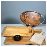(5pc) TROPICART OVAL WOOD SERVING BOARD WITH ALUMINUM HANDLE AND ASSORTED WOOD CUTTING BOARDS | Grou