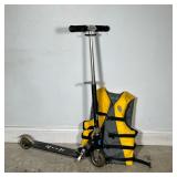 (2pc) FOLDING KICK SCOOTER WITH ADULT LIFE VEST | Black folding kick scooter with aluminum deck prin