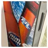BUD LIGHT GLASS DOOR MINI FRIDGE | White single-door glass-front Bud Light branded mini beverage coo